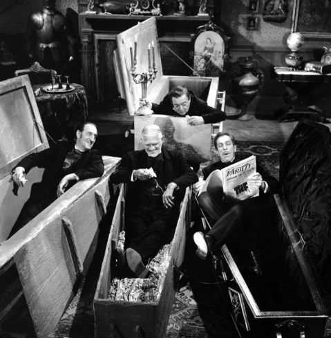 Vincent Price reads to Peter Lorre, Boris Karloff, and Basil Rathbone